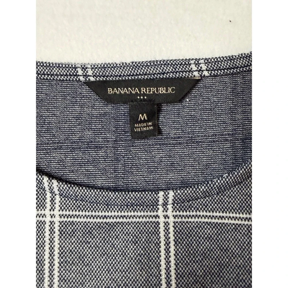 Banana Republic Windowpane Plaid‎ Puff Sleeve Knit Top Navy Womens M